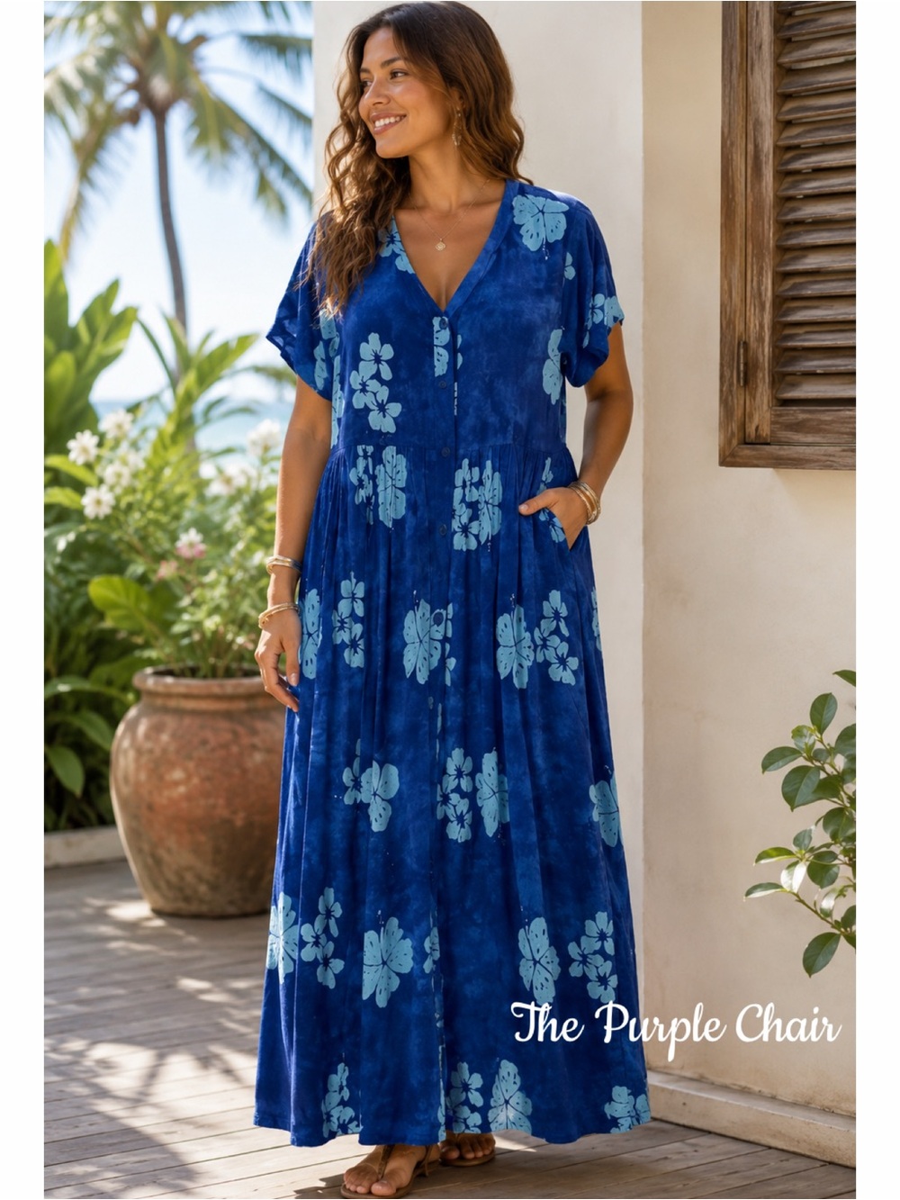 Short Sleeve Blue Hibiscus Floral Hawaiian Maxi Dress M